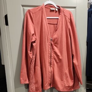 Coral Zip-Up Cardigan with Lace Detail